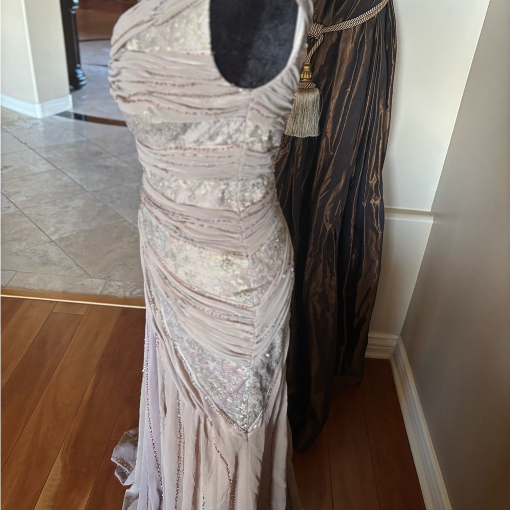 One-Shoulder Ivory Evening Gown with Beaded Detail - Picture 6 of 8